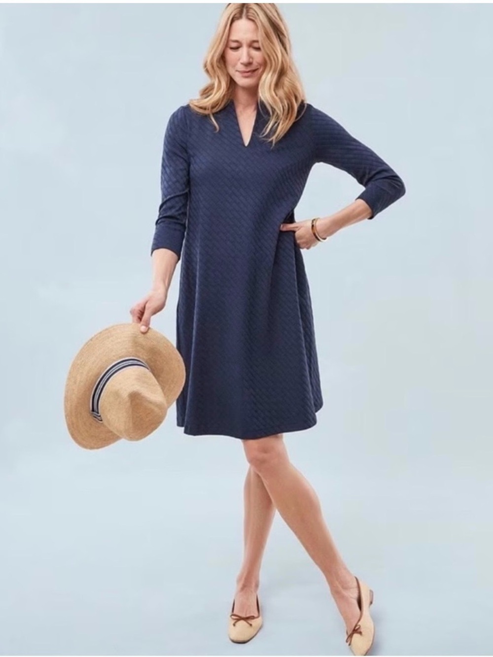 J.McLaughlin Octavia Geo Jaquard Split V-Neck 3/4 Sleeve Shift Dress